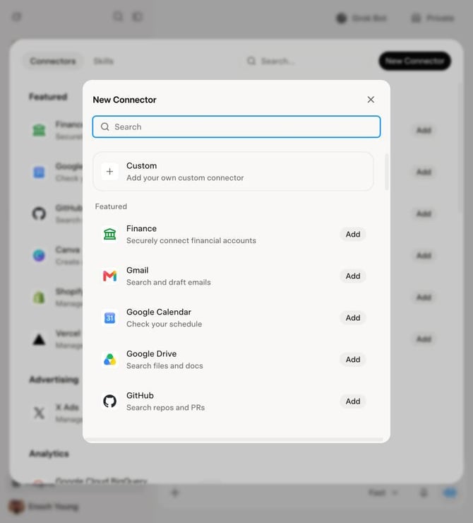 The New Connector dialog with the Custom option
