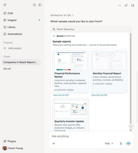 Sample report choices inline in chat
