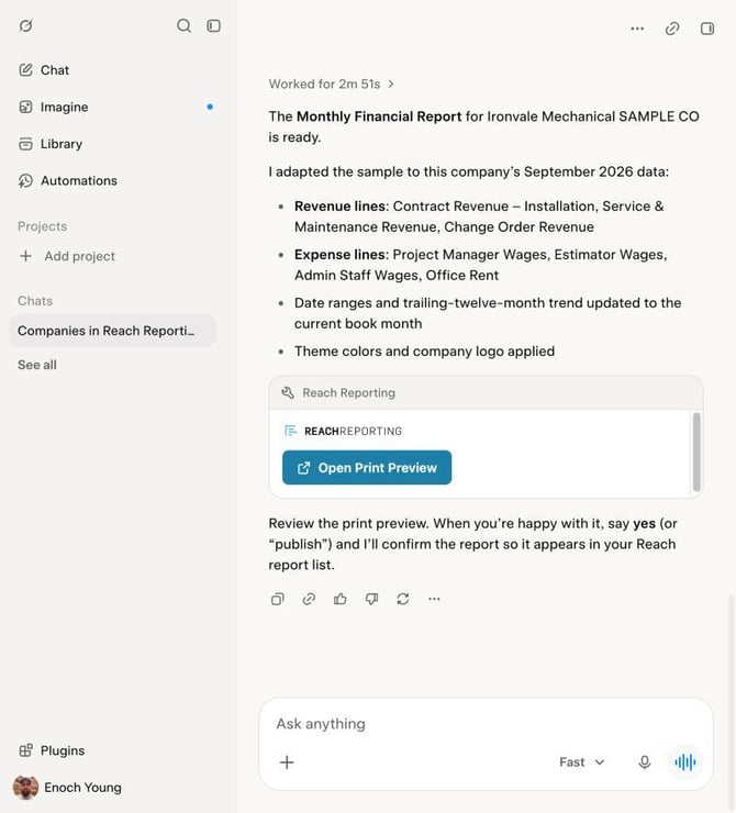 Finished report with the Open Print Preview button