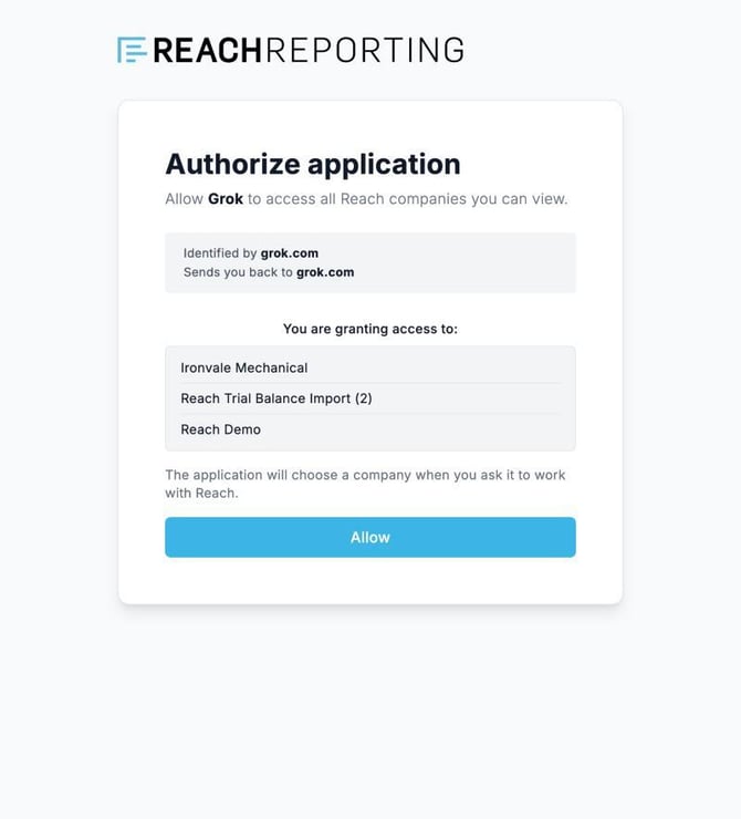 The Reach authorize screen showing Grok as the requesting application