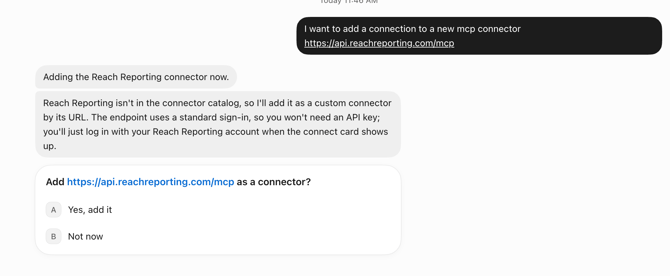 Grok Bot offering to add Reach as a custom connector