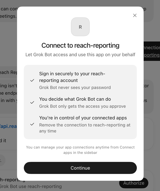 Grok Bot's connect card for Reach Reporting