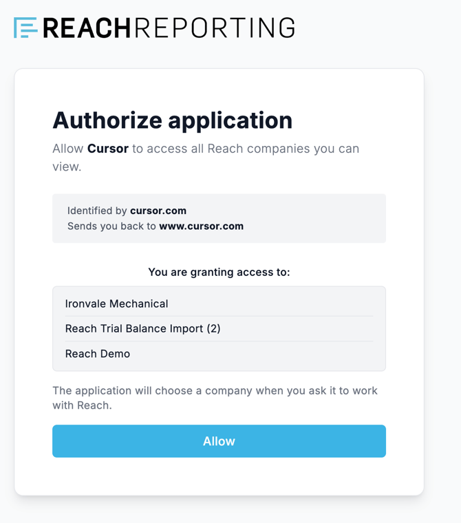 The Reach authorize screen
