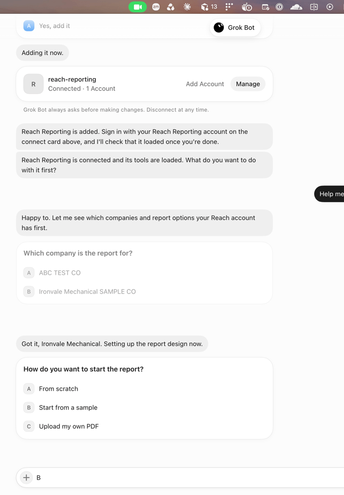 Reach Reporting connected in Grok Bot