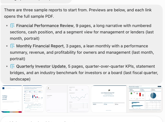 The three sample reports with preview images
