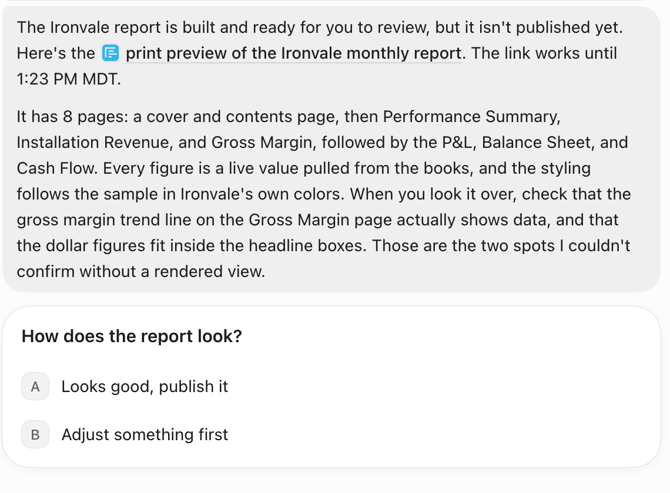 The finished report with its print preview link