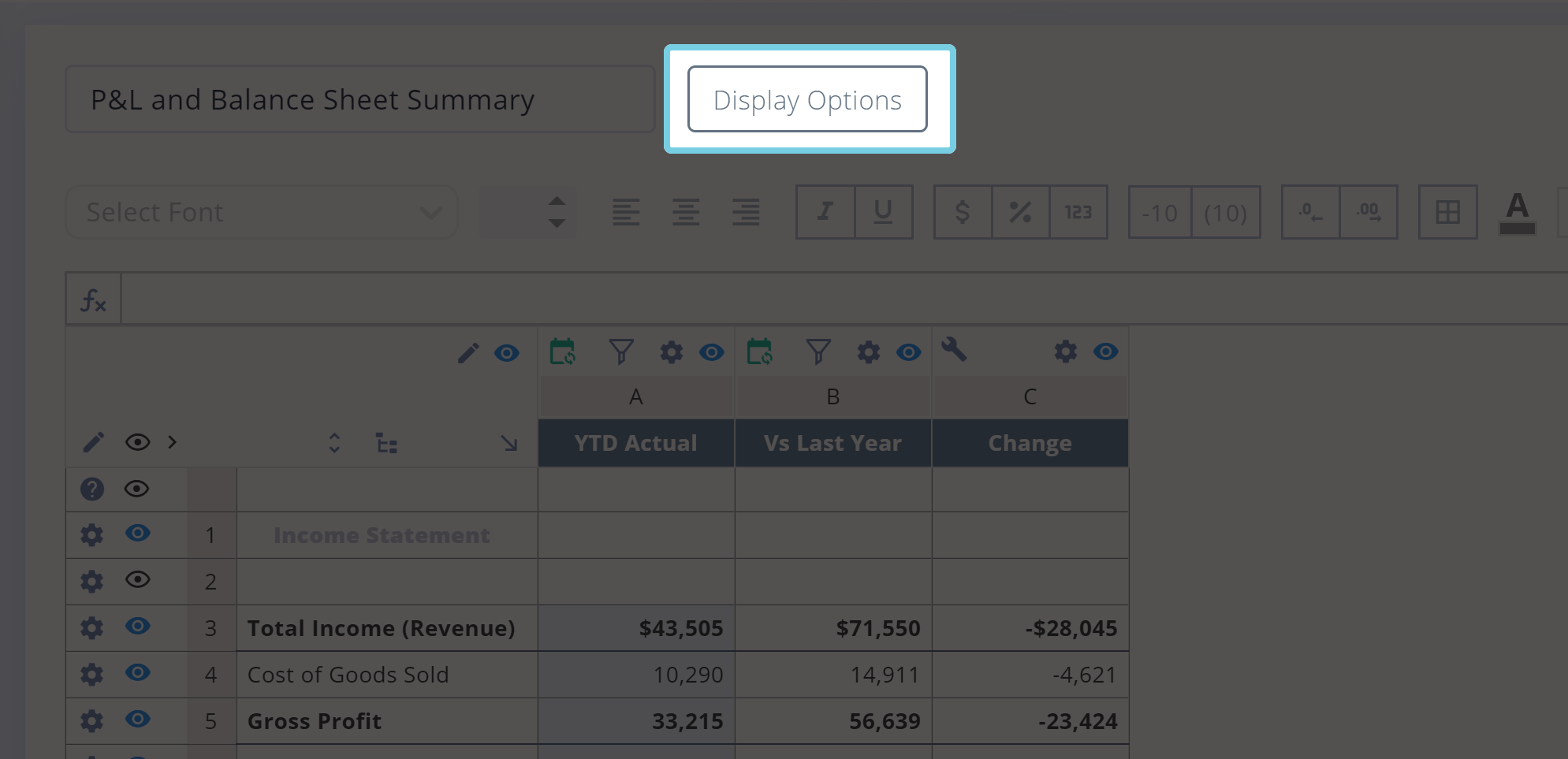 Profit and loss display options